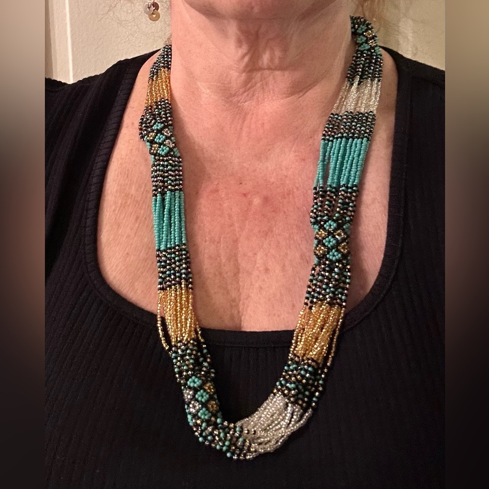 28” Beaded necklace: gold, silver & turquoise blue